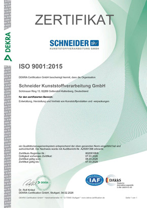 Zertifikat ISO 9001:2025 Schneider Kunststoffverarbeitung GmbH